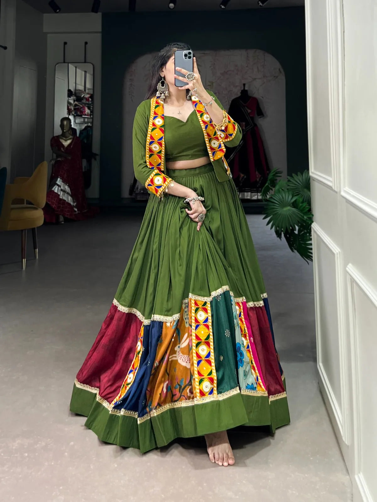 Vibrant and Mesmerizing Mahendi Green Navratri Rayon Lehenga Choli Top Quality For Sale