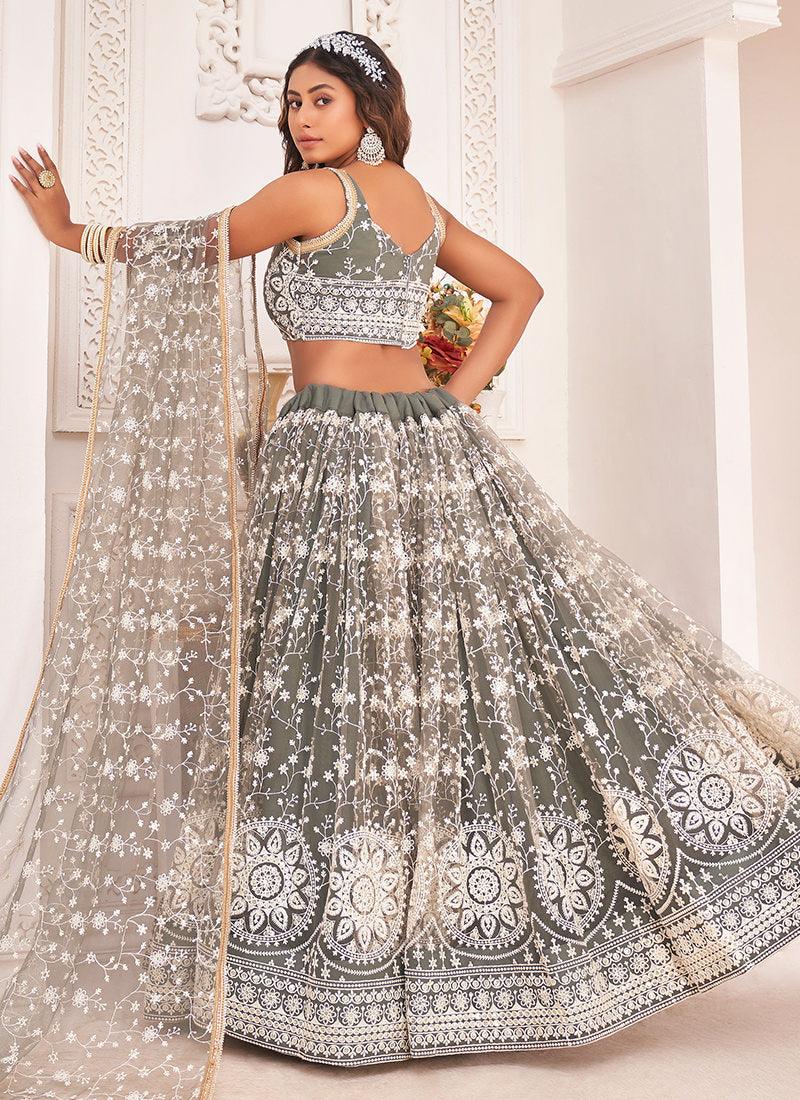 Dusty Green Soft Net Wedding Lehenga Best Place To Buy