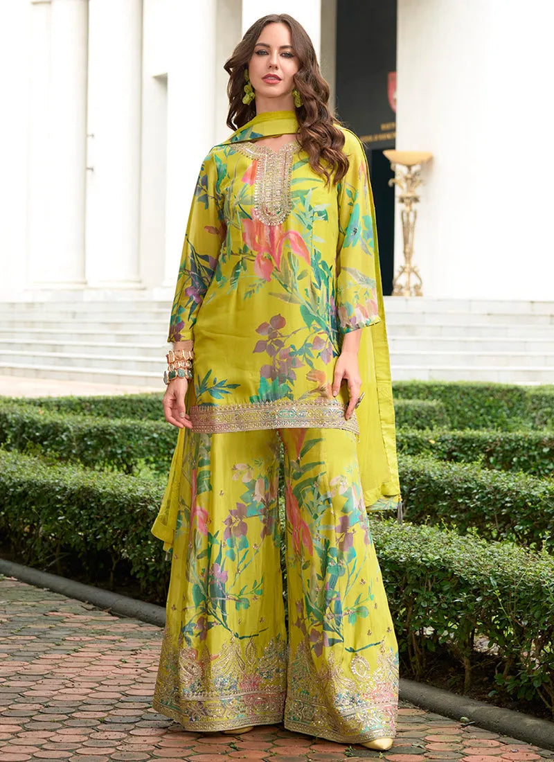 Designer Lime Multicolored Embroidered and Printed Palazzo Suit Sale Ebay