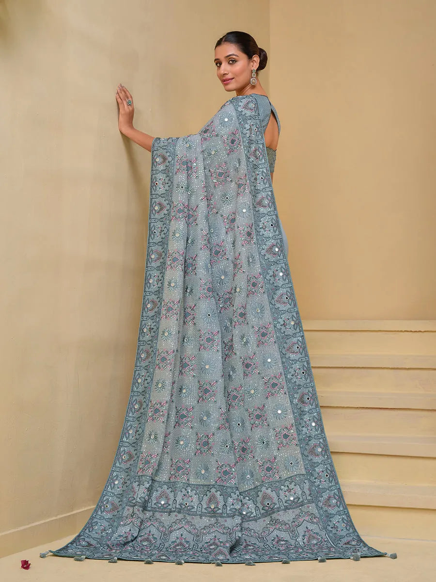 Luxurious Grey Banarasi Silk Embroidered Saree Outlet Websites