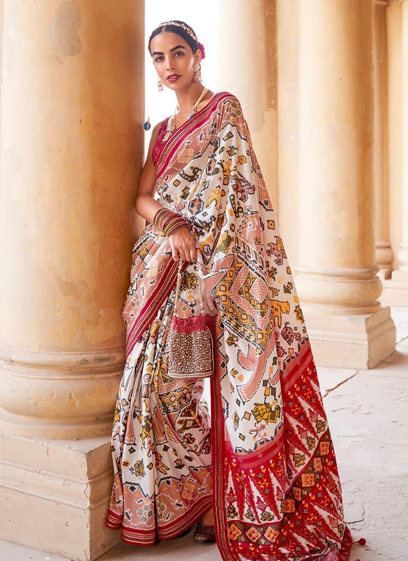 Ceremonial Silk Base Cream Color Printed Saree With Swarovski Work Cost Online