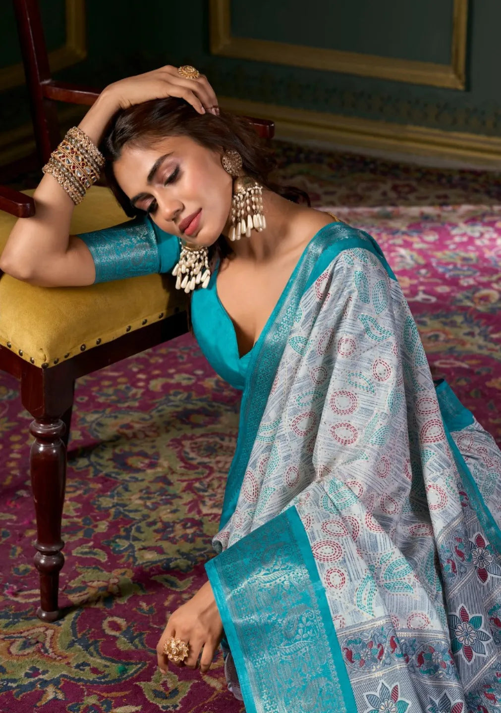 Phenomenal Turquoise Soft Dola Silk Printed Saree Outlet Locations Sale Online