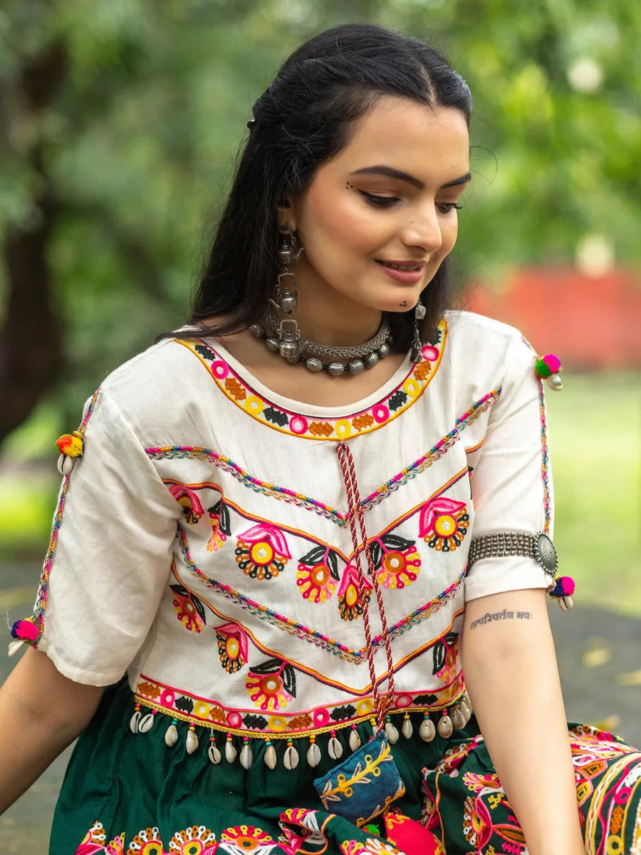 Off-White and  Green Embroidered  Kedia Set for Navratri In China Cheap Online