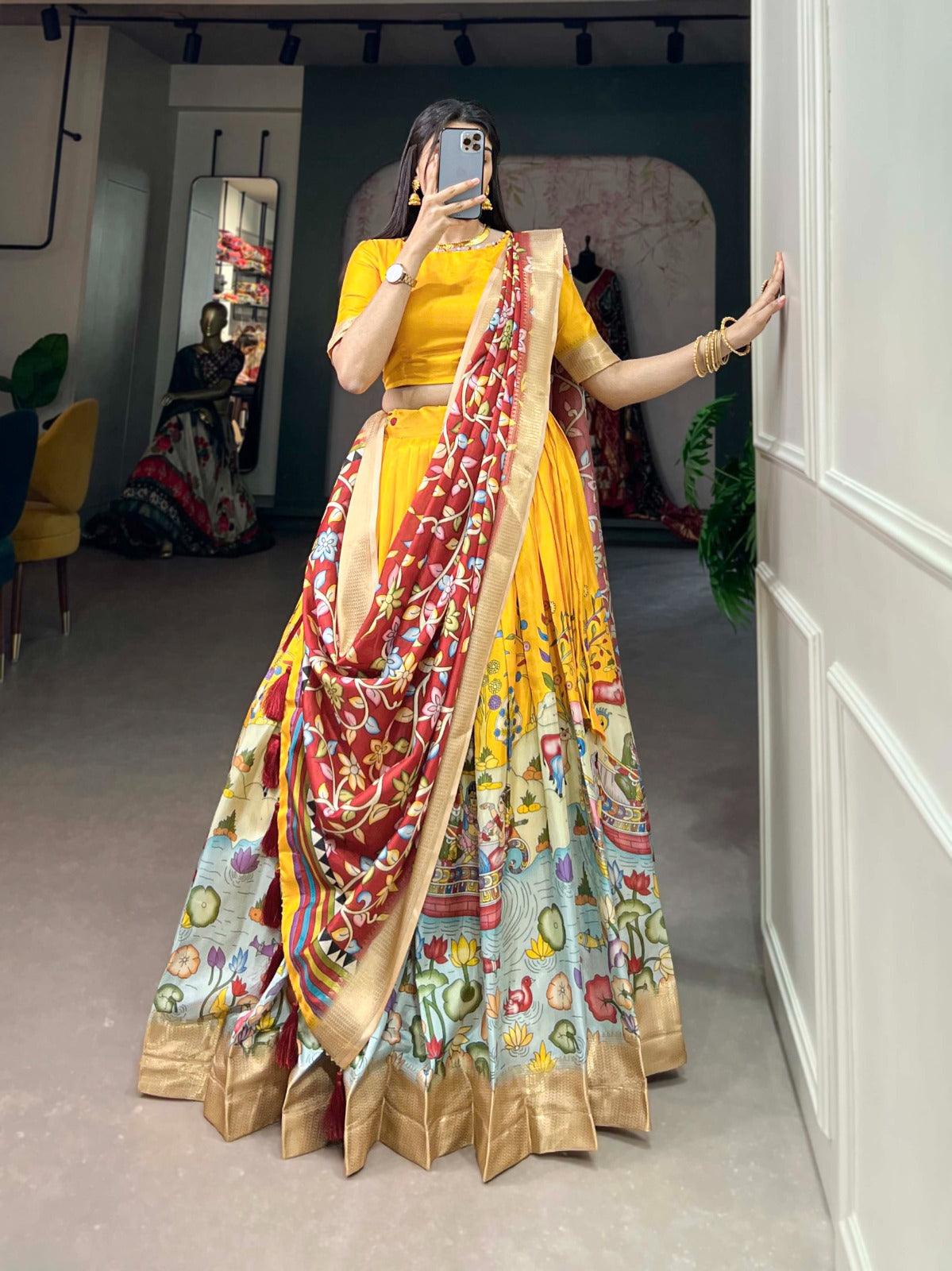 Yellow Kalamkari Printed Dola Silk Lehenga Choli Set Discount Looking For