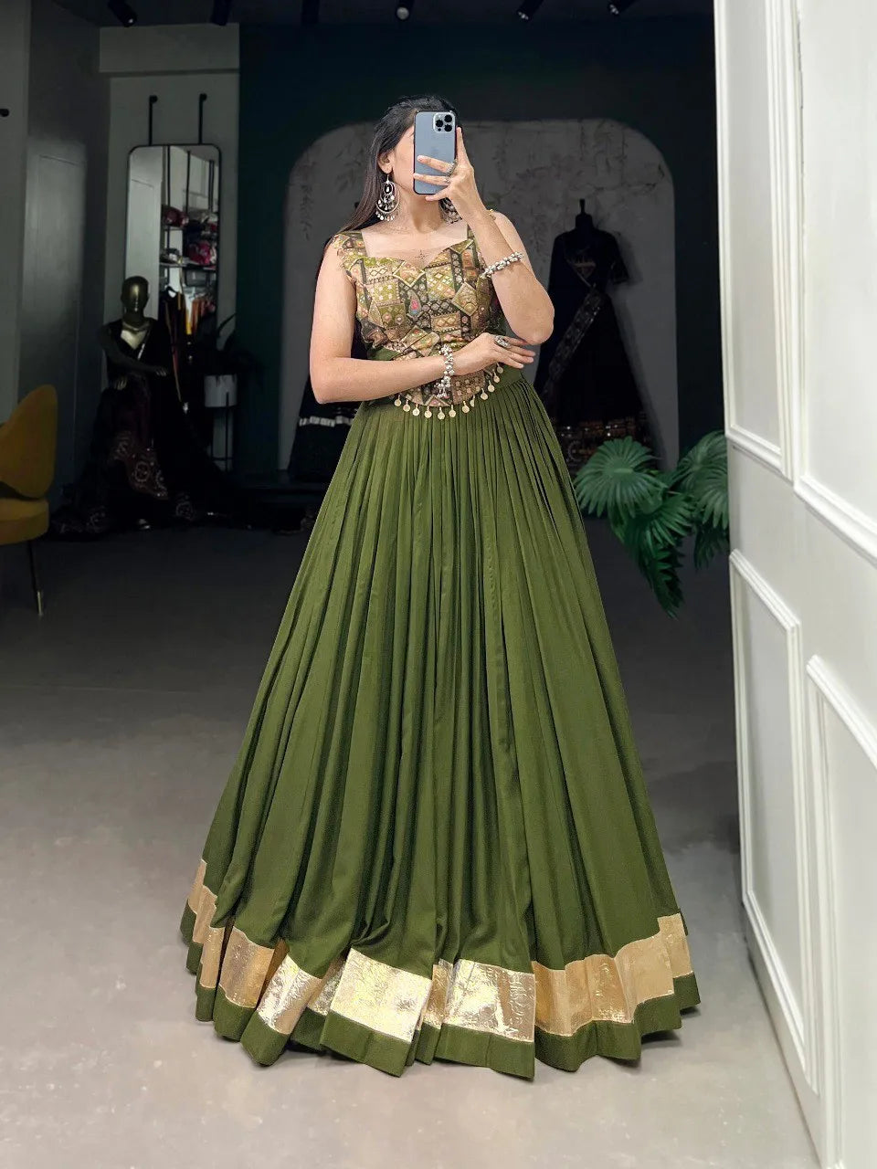 Navratri Vibe With this Mehndi Rayon Silk Lehenga Choli Pre Order