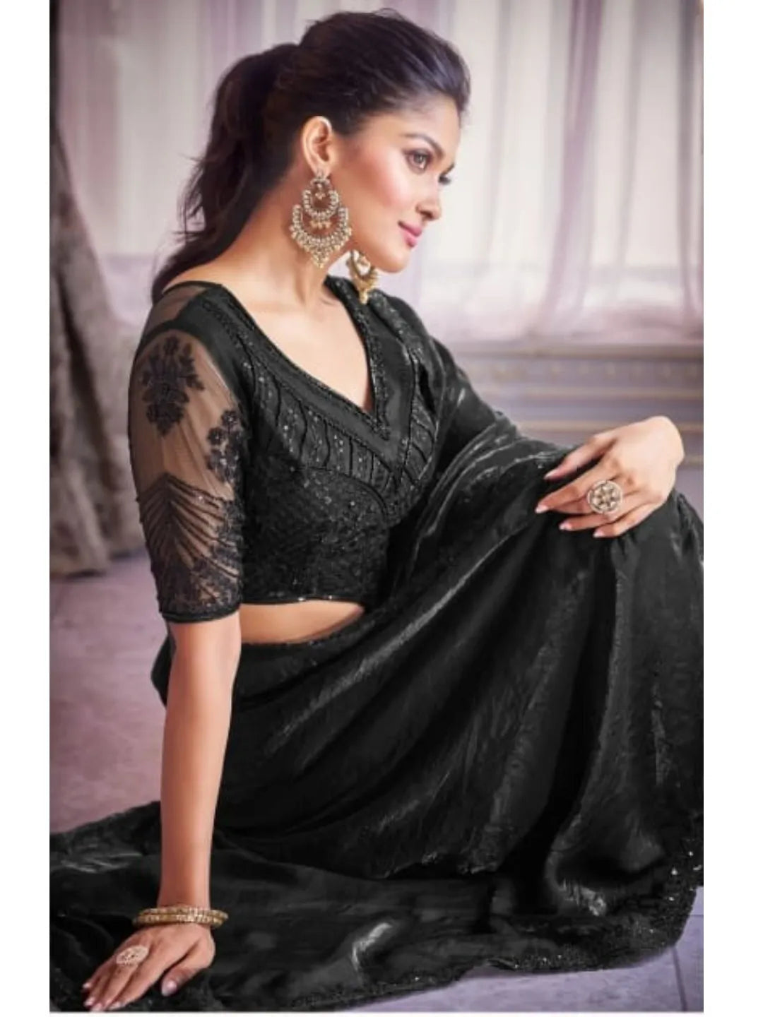 Stunning Black Satin Organza Embroidered Saree Real Cheap Online