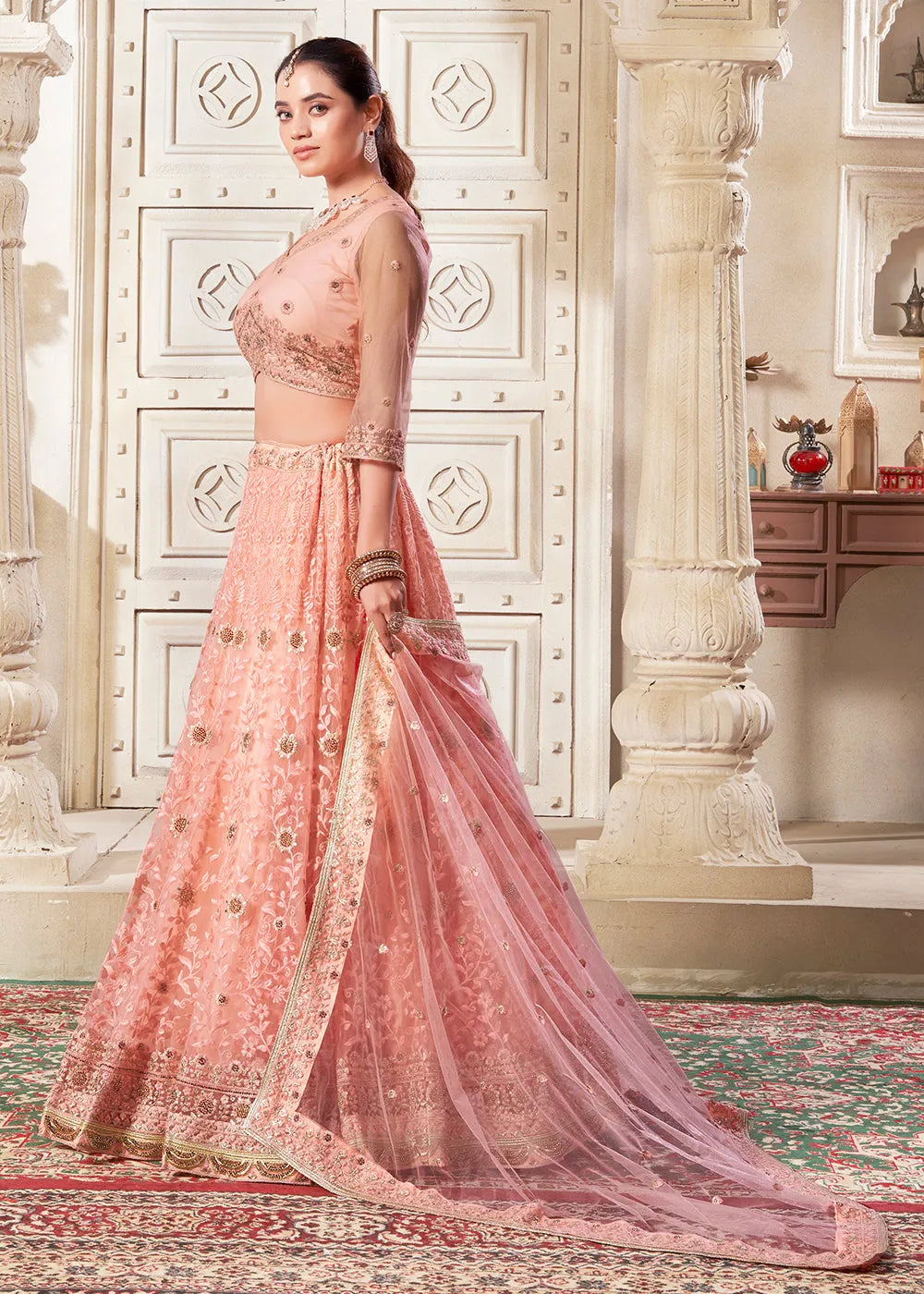 Precious Dark Peach Designer Wedding Style Lehenga Choli Store With Big Discount