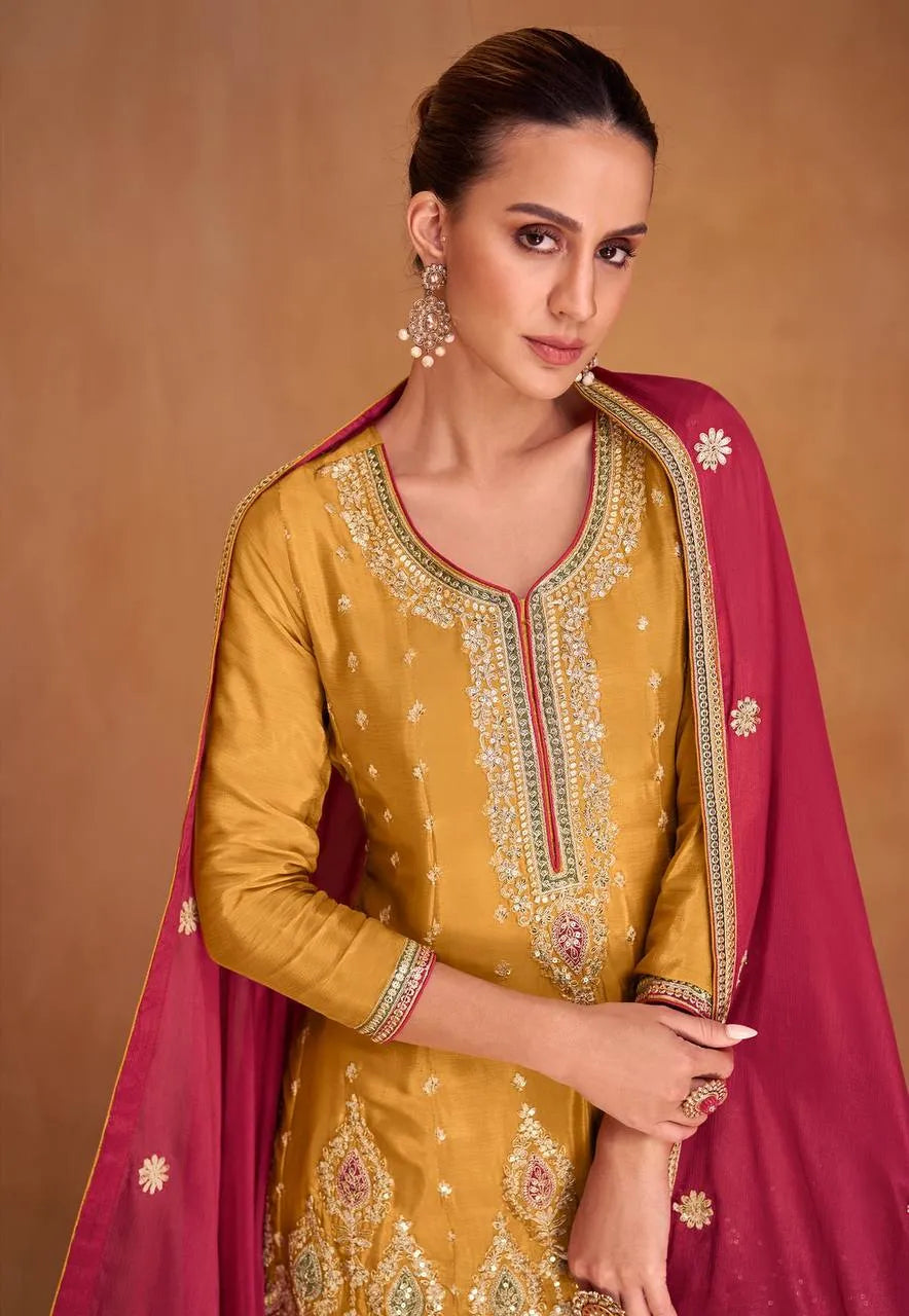 Majestic Mustard Embroidered Chinon Palazzo Suit Cheap Sale With Paypal