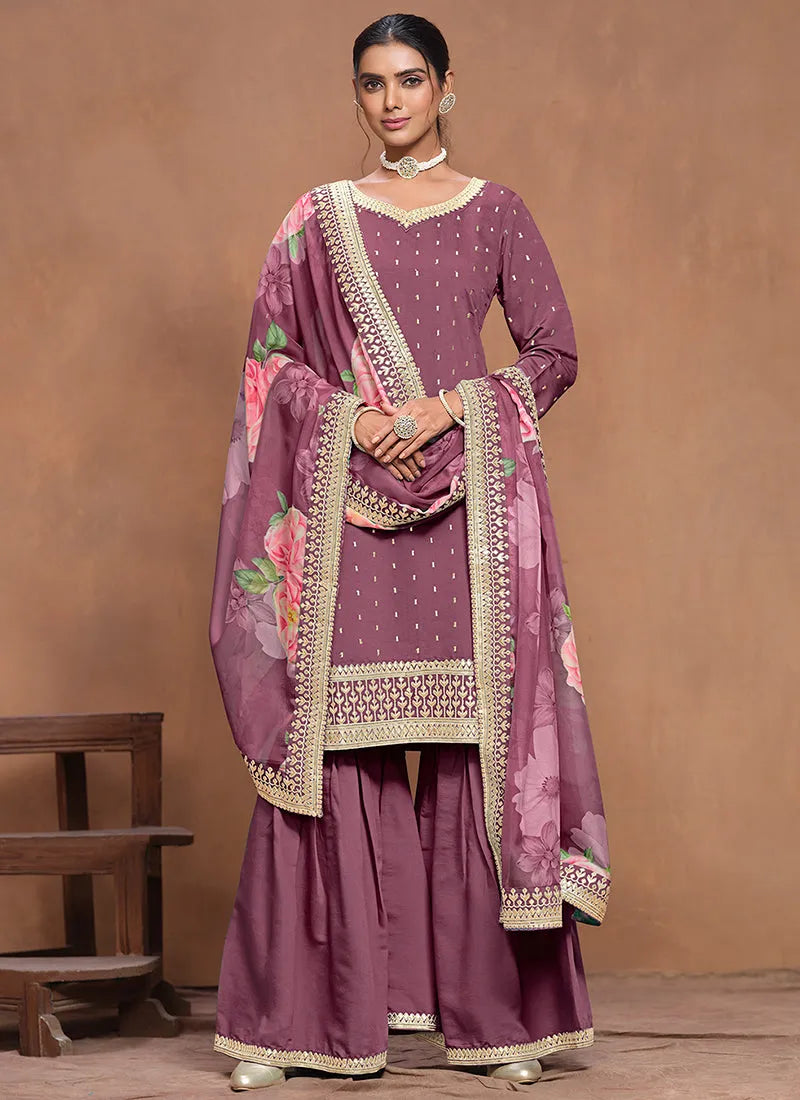 Designer Lavender  Embroidered Silk Sharara  Suit Outlet Finishline