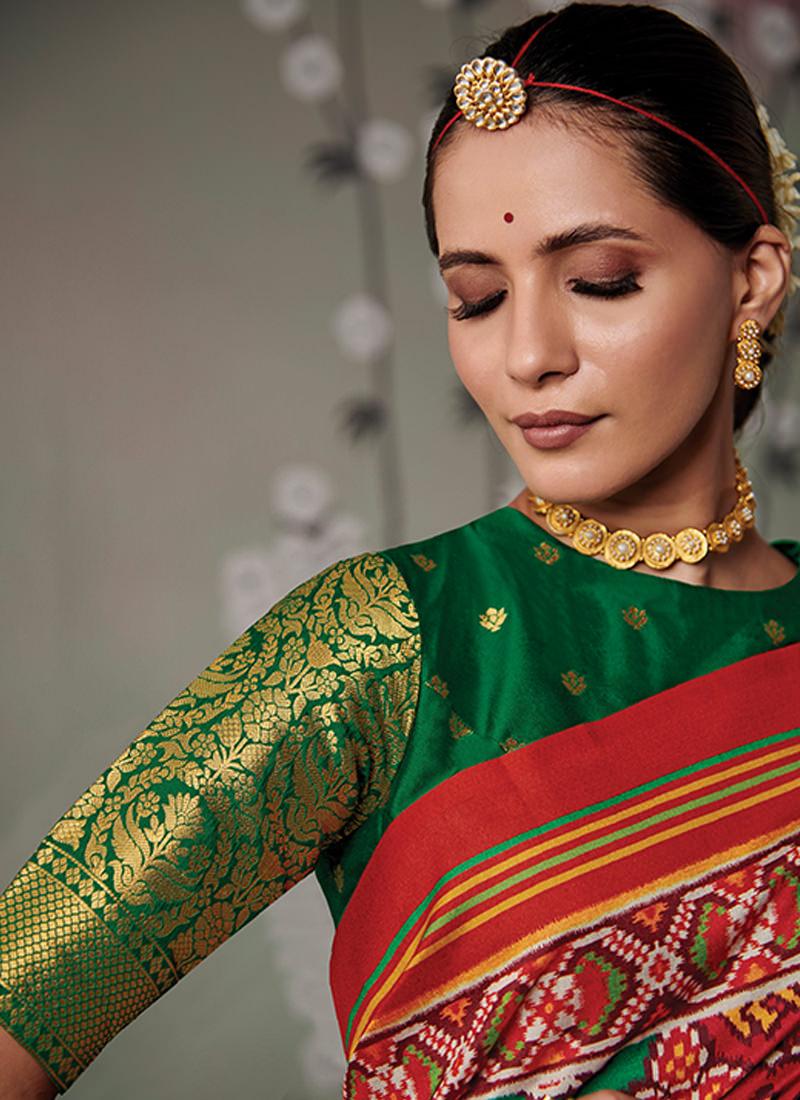 Red Patola Silk Saree With Contrast Blouse Sale Amazon