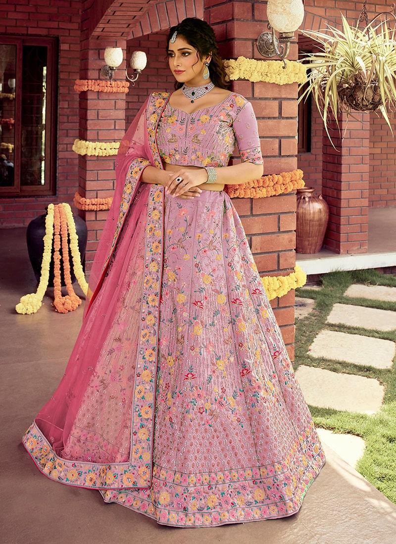 Raw Silk Fabric Pink Color Stone And Sequins Work Lehenga Stockist Online