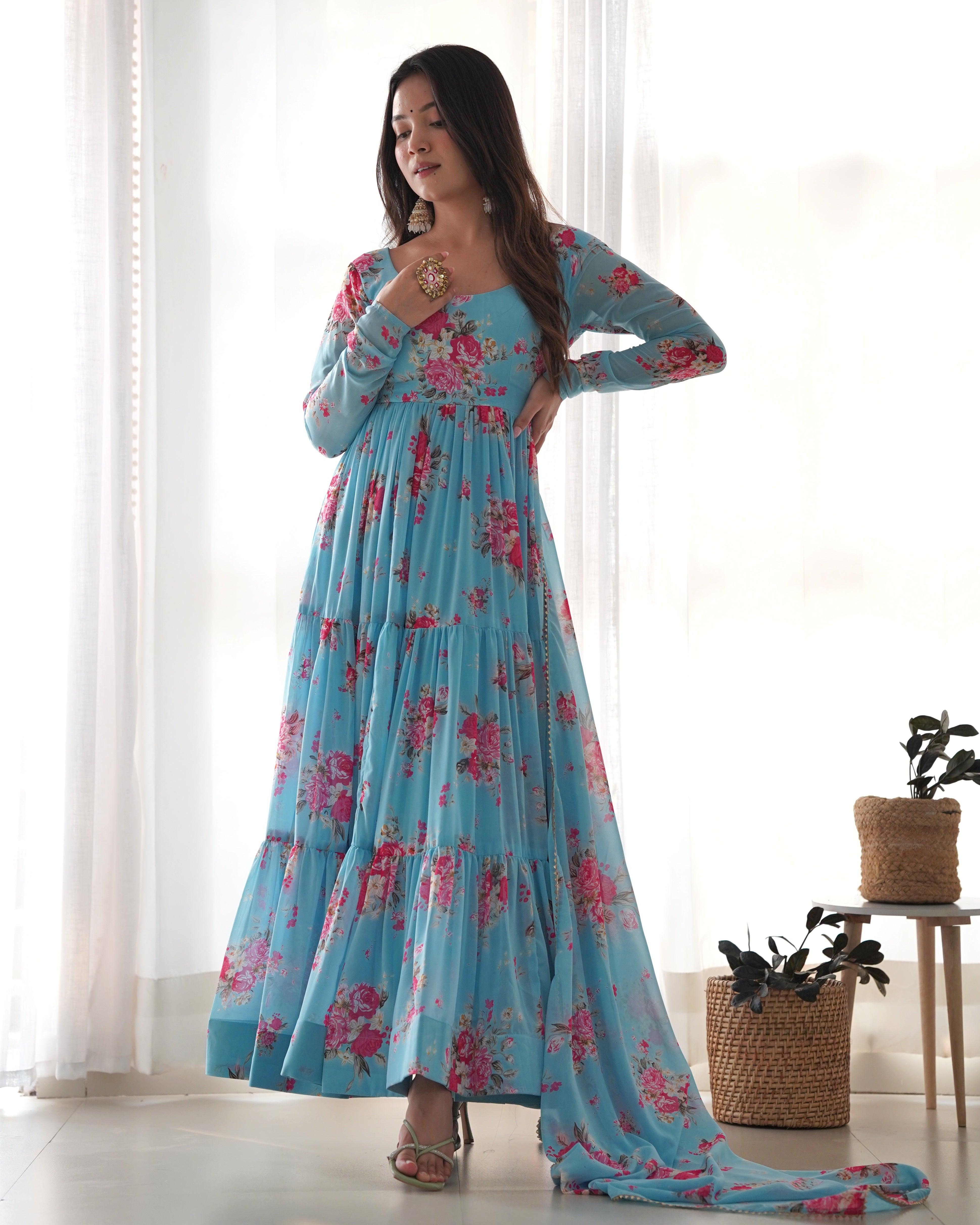 Sky Blue Pure Faux Georgette Floral Printed Ruffle Anarkali Pant Suit Cheap Sale New Arrival