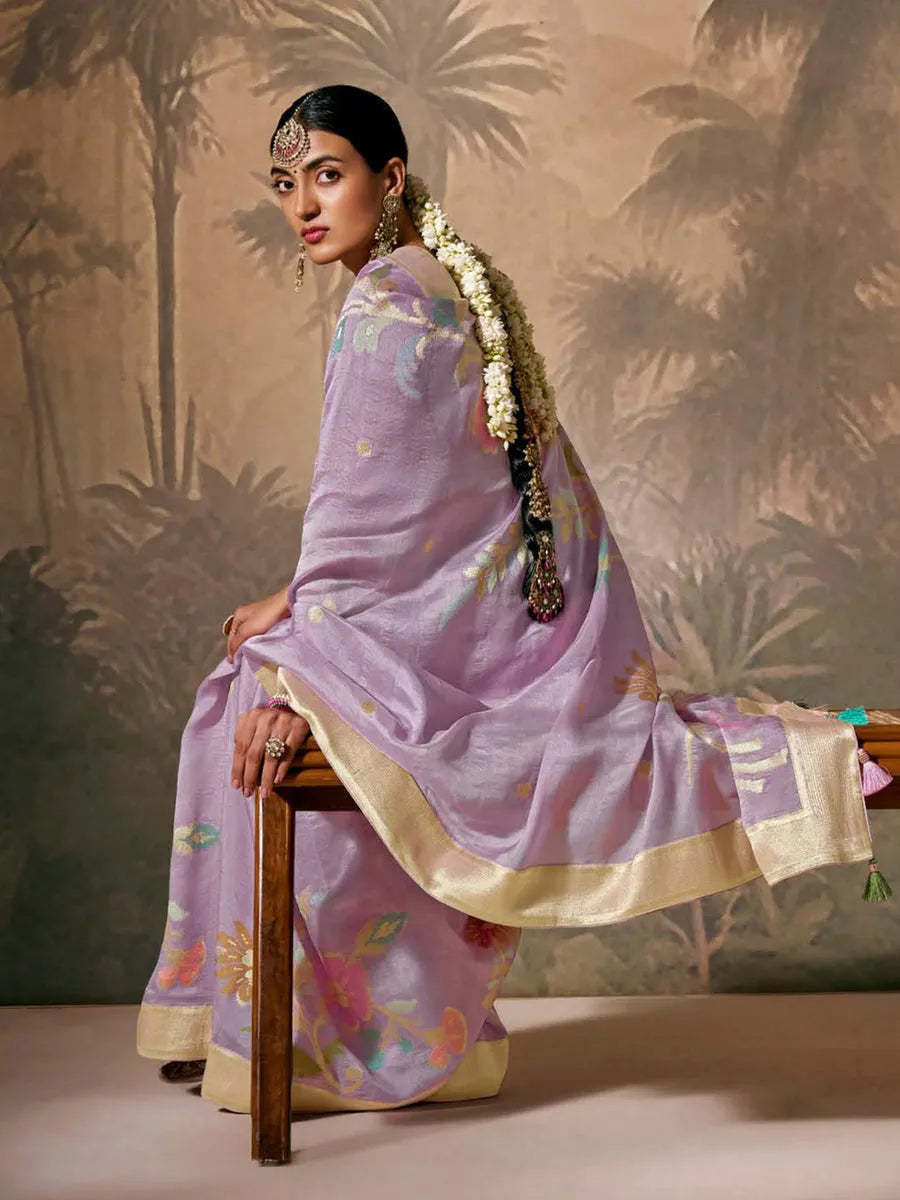 Lustrous Lavender Paithani Banarasi Silk Saree with Floral Motifs Wide Range Of Cheap Online