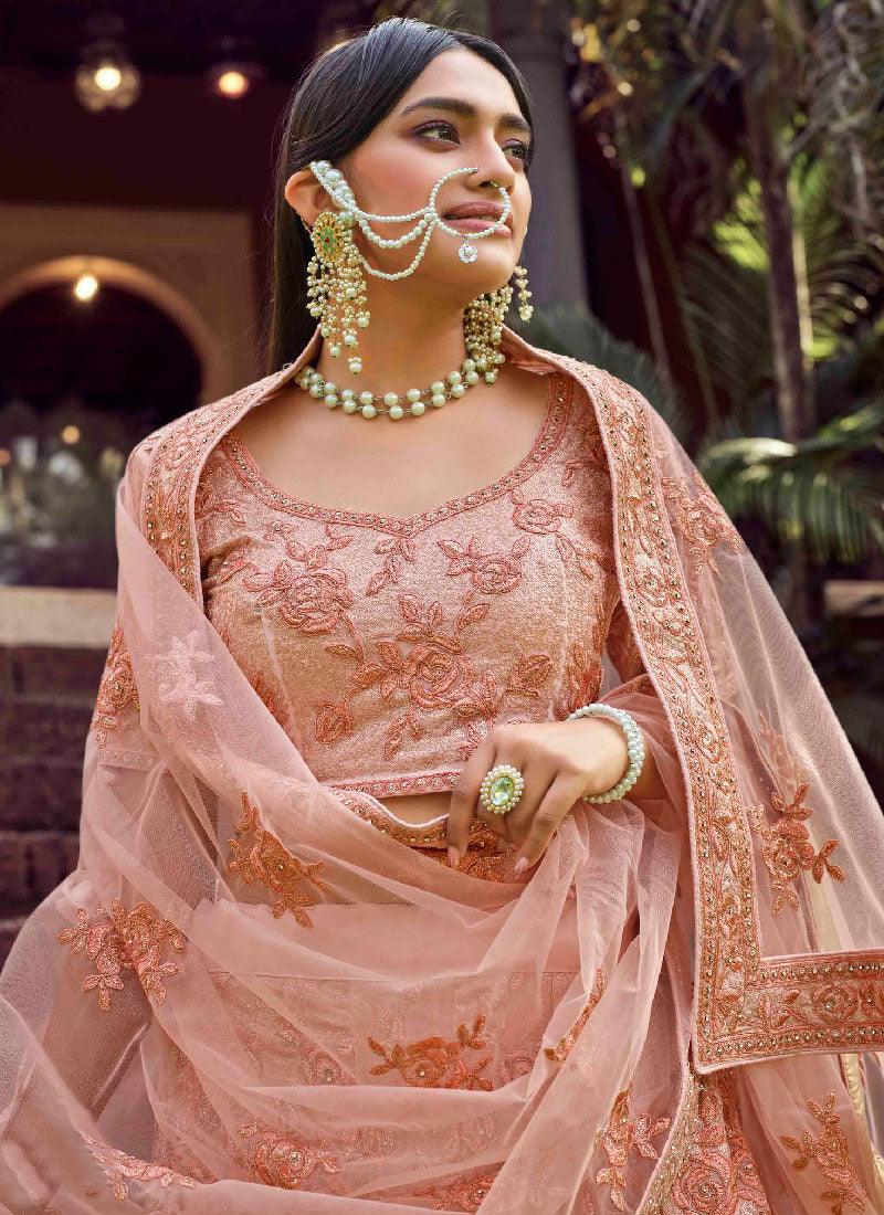 Sequins And Resham Work Pleasing Peach Lehenga Choli Online Online Free Shipping