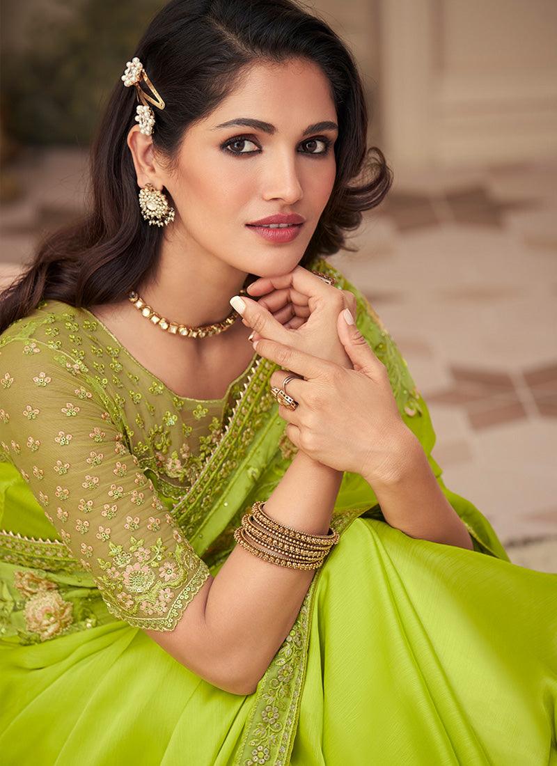 Lime Green Color Silk Base Thread Work Saree With Fancy Blouse Buy Cheap How Much