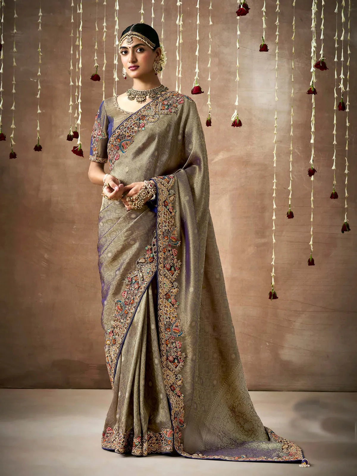 Comforting Grey Designer Silk Embroidered Saree Outlet Countdown Package