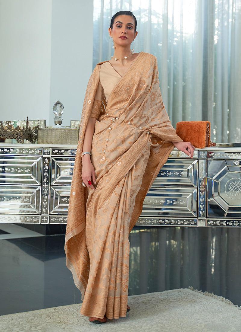 Silk Base Low Cut Neck Beige Saree For Nice Cheap Price