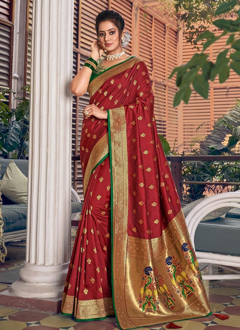 Maroon Color Silk Base Silk Weave And Stone Work Saree Cheap Sale Latest Collections