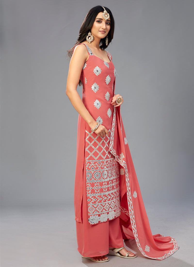 Delightful Peach Colored Georgette Festive Wear Trendy Palazzo Suit Cheap Sale Visit