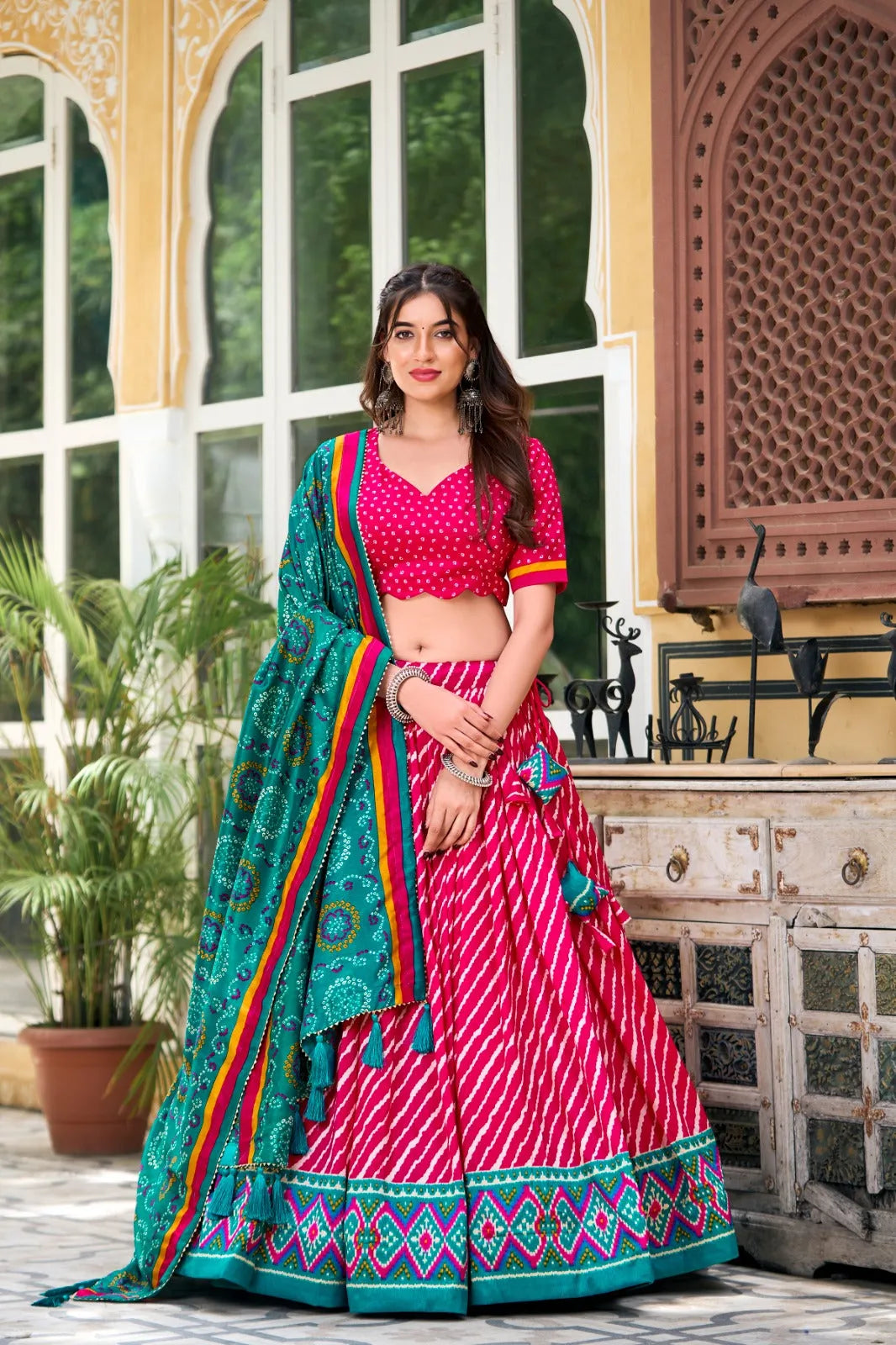 Navratri Wear Tussar Silk Leheriya Printed Lehenga Choli Set Sale Visit