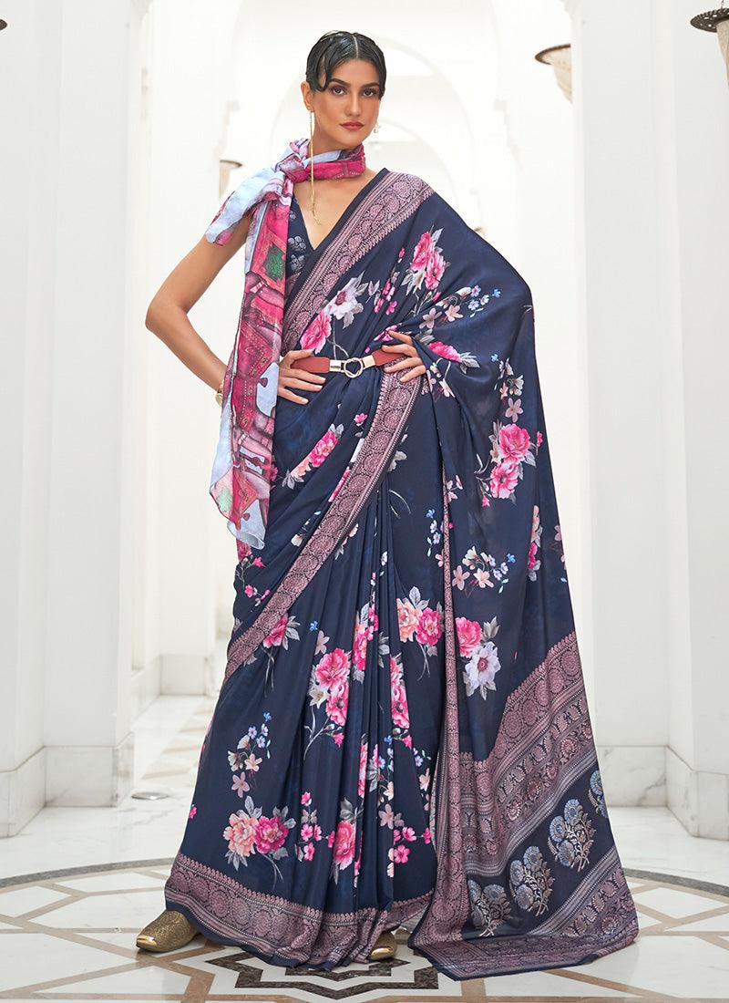 Astonishing Navy Blue Color Silk Fabric Floral Printed Saree Cheap Tumblr