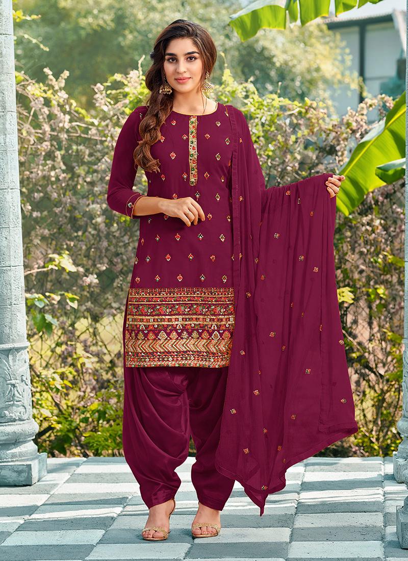 Georgette Base Wine Punjabi Salwar Suit With Paypal Online