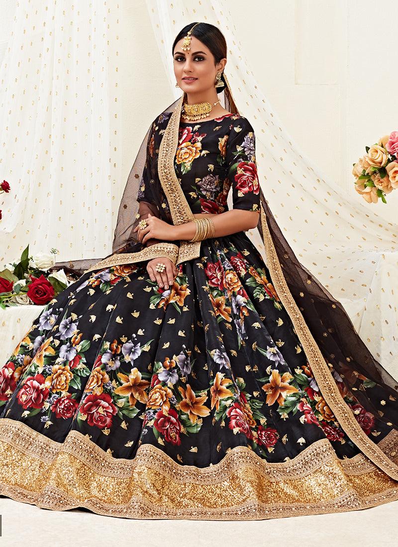 Floral Print Black Satin Lehenga Choli Cheap Pice Buy Discount