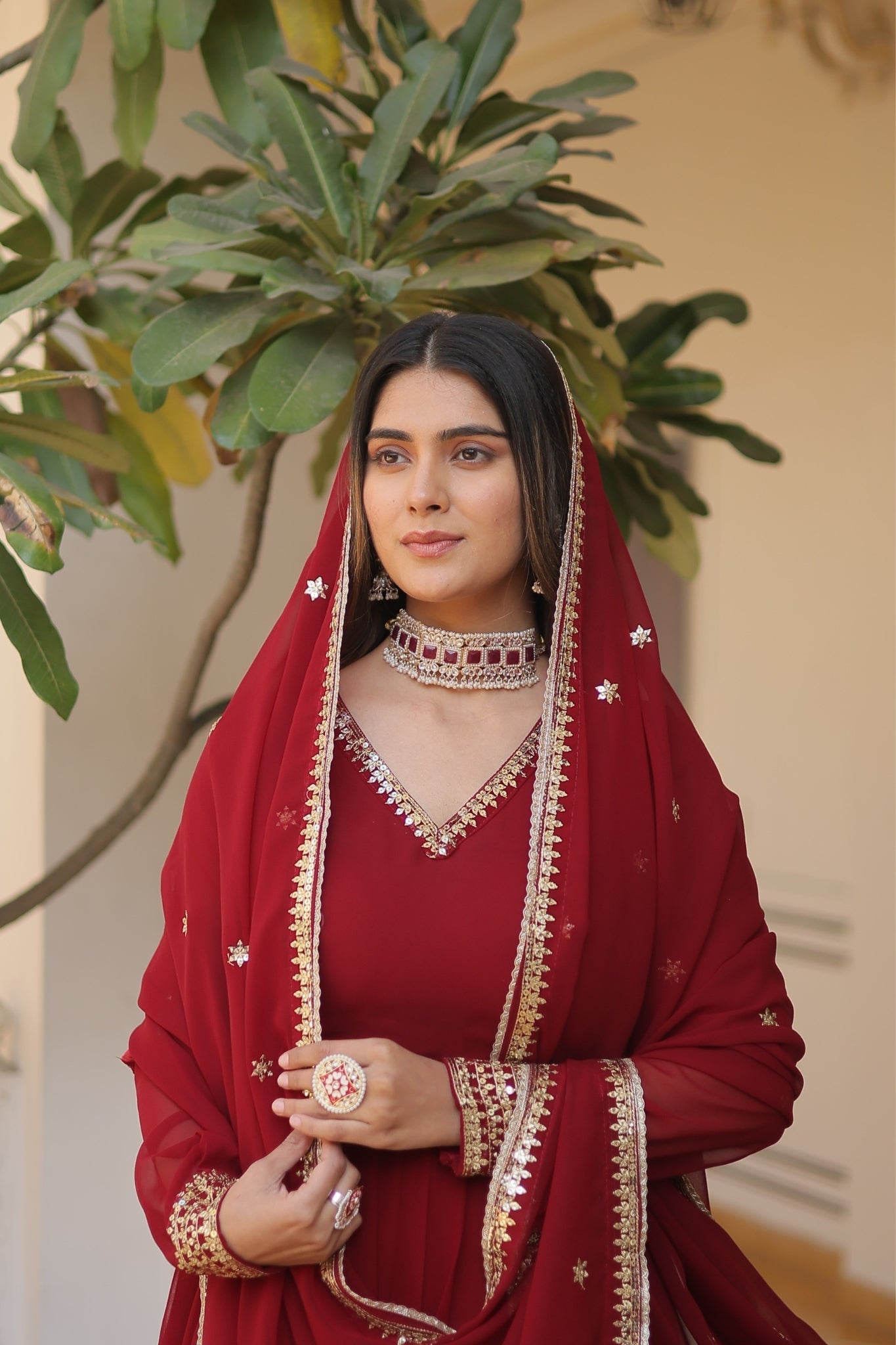 Maroon Georgette Embroidered Gown with dupatta Nicekicks