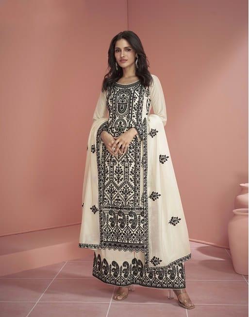 White Silk Embroidered palazzo suit with dupatta 100% Authentic Sale Online