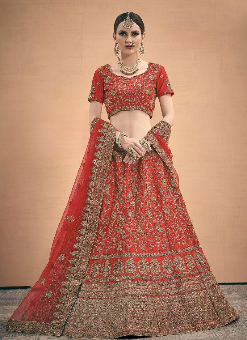 Zari And Stone Work Red Color Satin Fabric Lehenga Choli Quality Free Shipping Low Pice