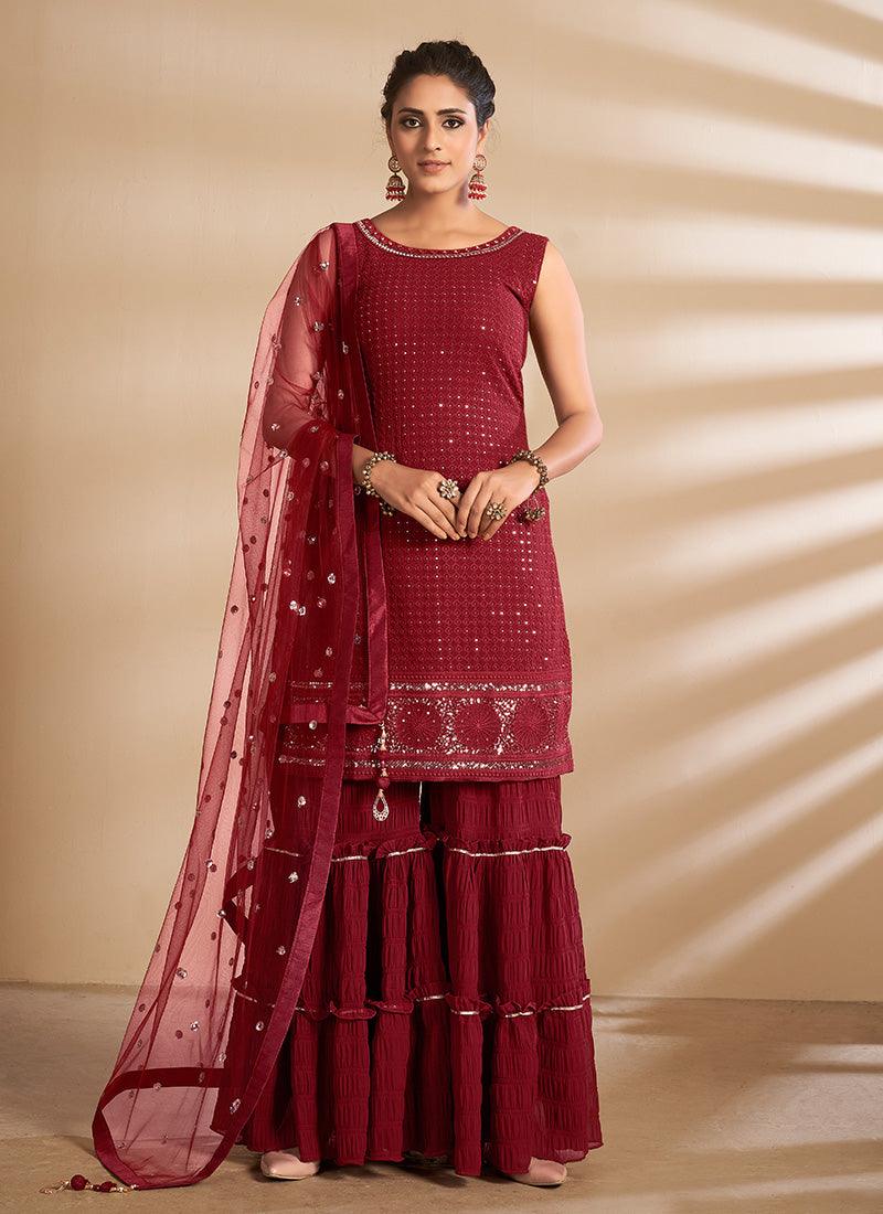 Fabulous Red Color Georgette Base Sharara Suit with Net Base Dupatta Clearance Inexpensive