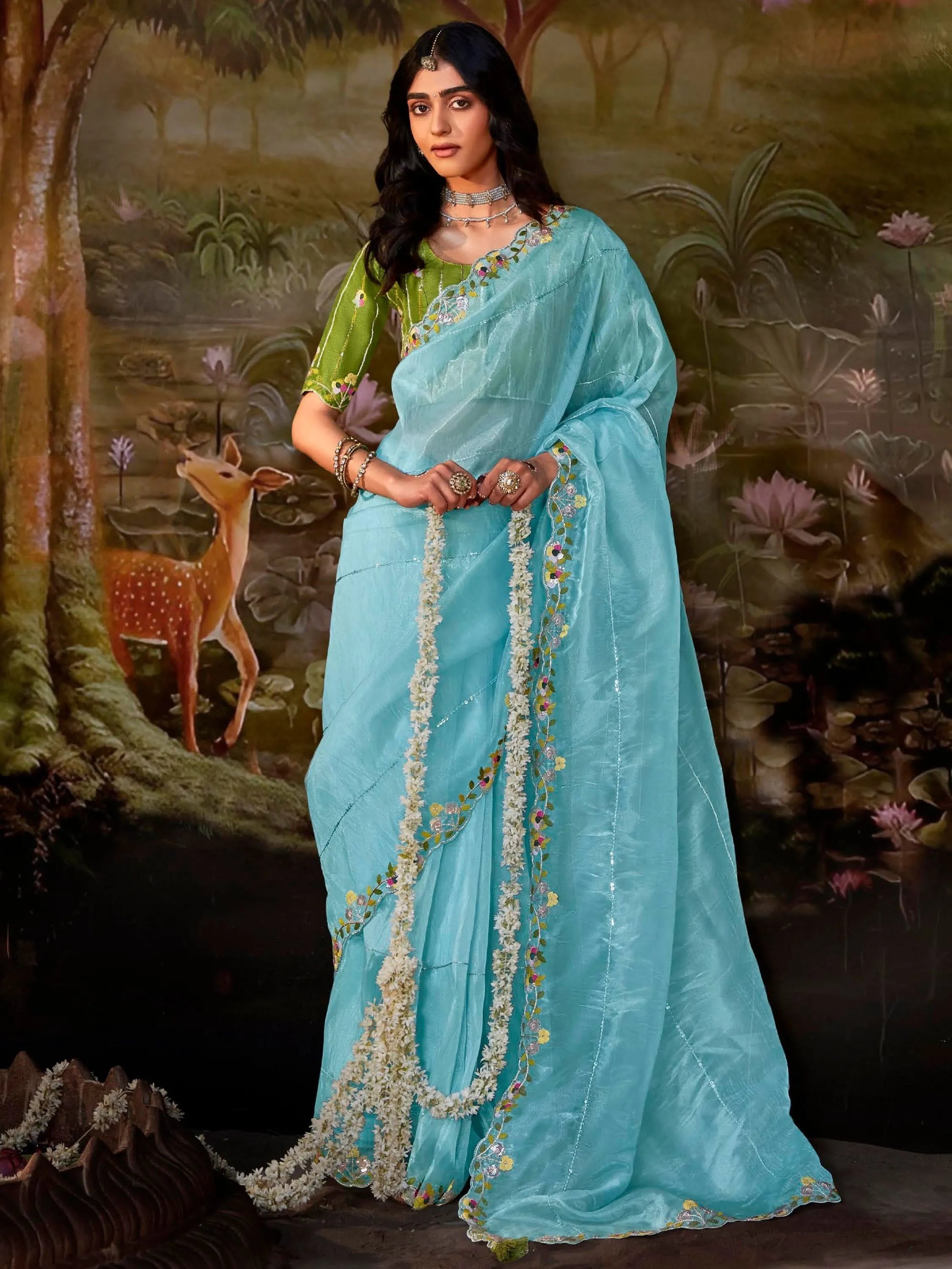 Stunning Sky Blue Organza Festive Wear Saree With Blouse Cheap Best Seller