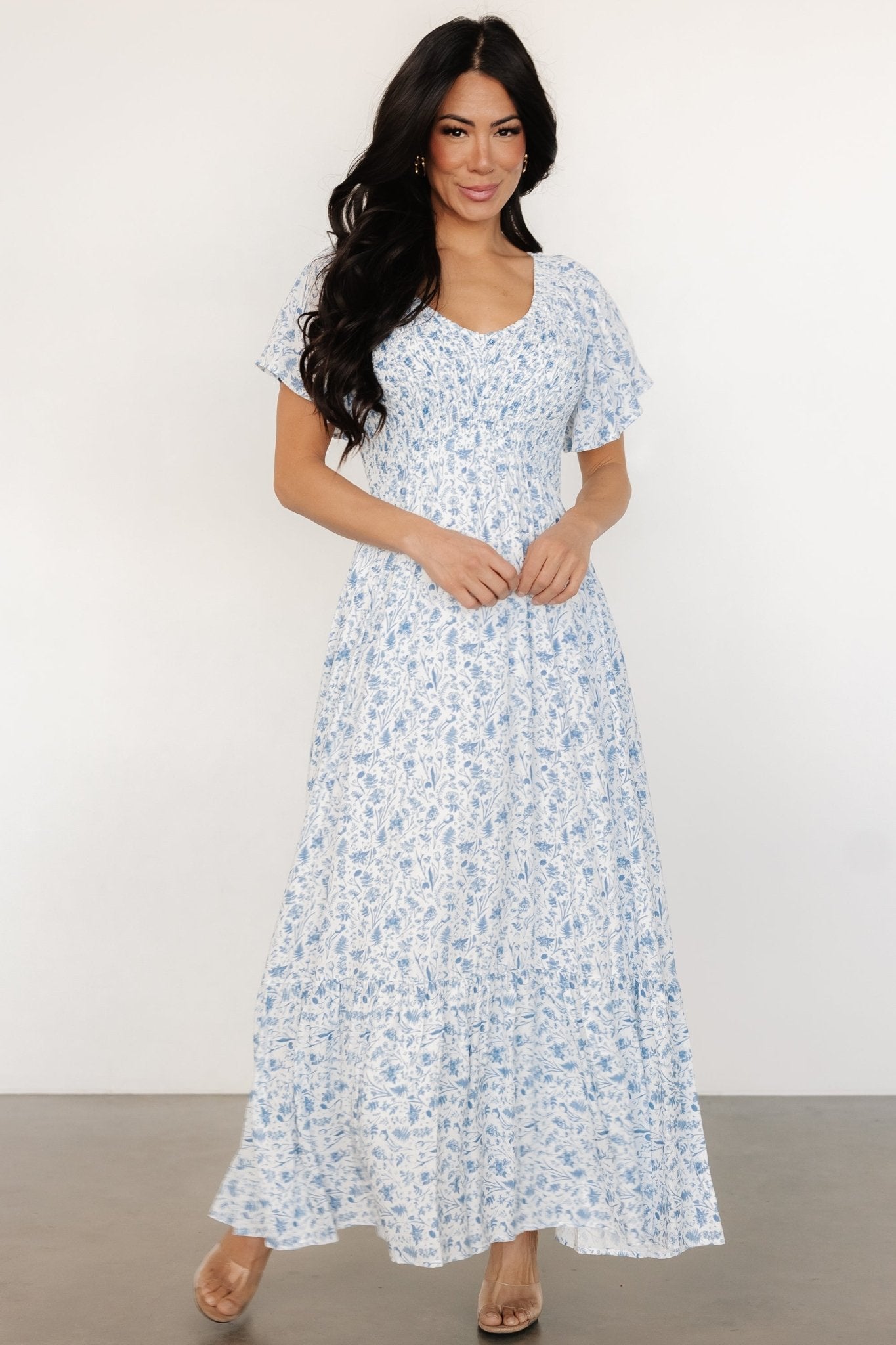 Joanie Smocked Dress | White + Blue Floral Deals Cheap Online