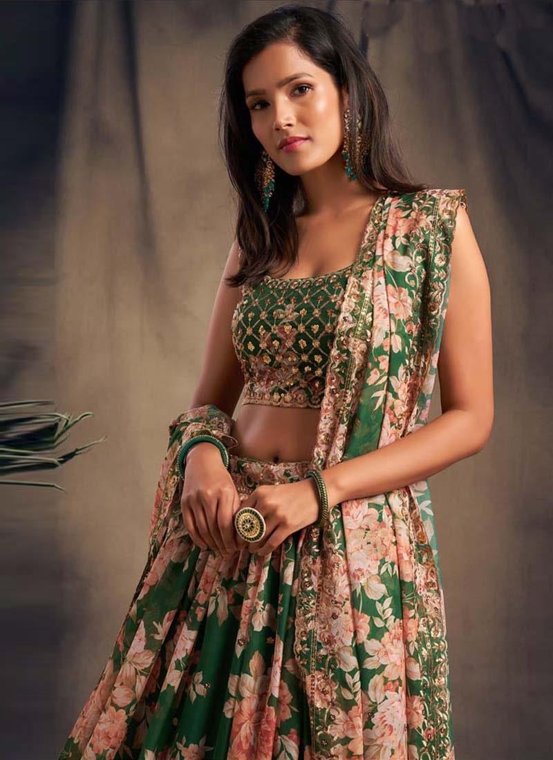 Engrossing Organza Base Sequins Work Green Color Printed Lehenga Fashion Style Cheap Online