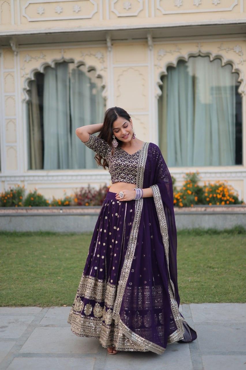 Wonderful Purple Faux Georgette Heavy Sequins Embroidered Lehenga Choli Set Cheap Sale How Much