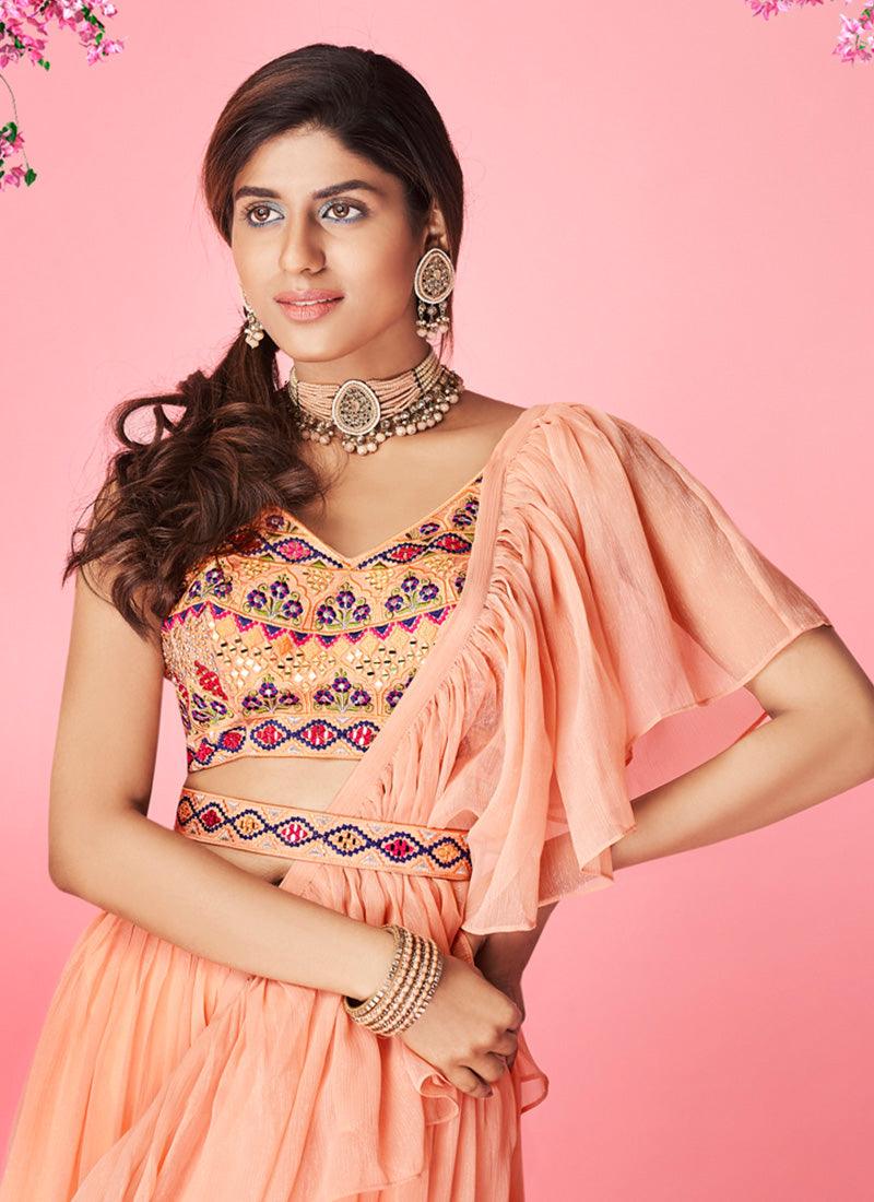 Peach Color Sleeveless Blouse With Chiffon Base Ruffle Lehenga Store Online