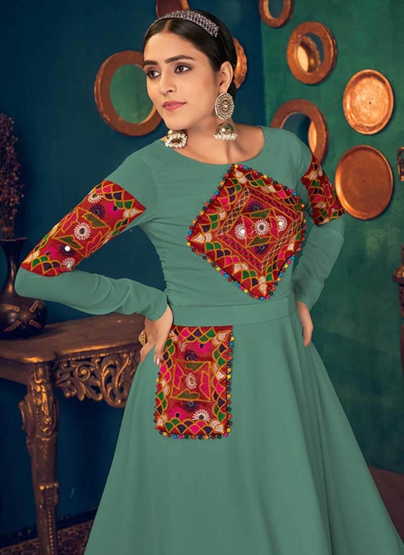 Beautiful Look Green Color Georgette Base Embroidery Work Navratri Gown 2025 Newest Online