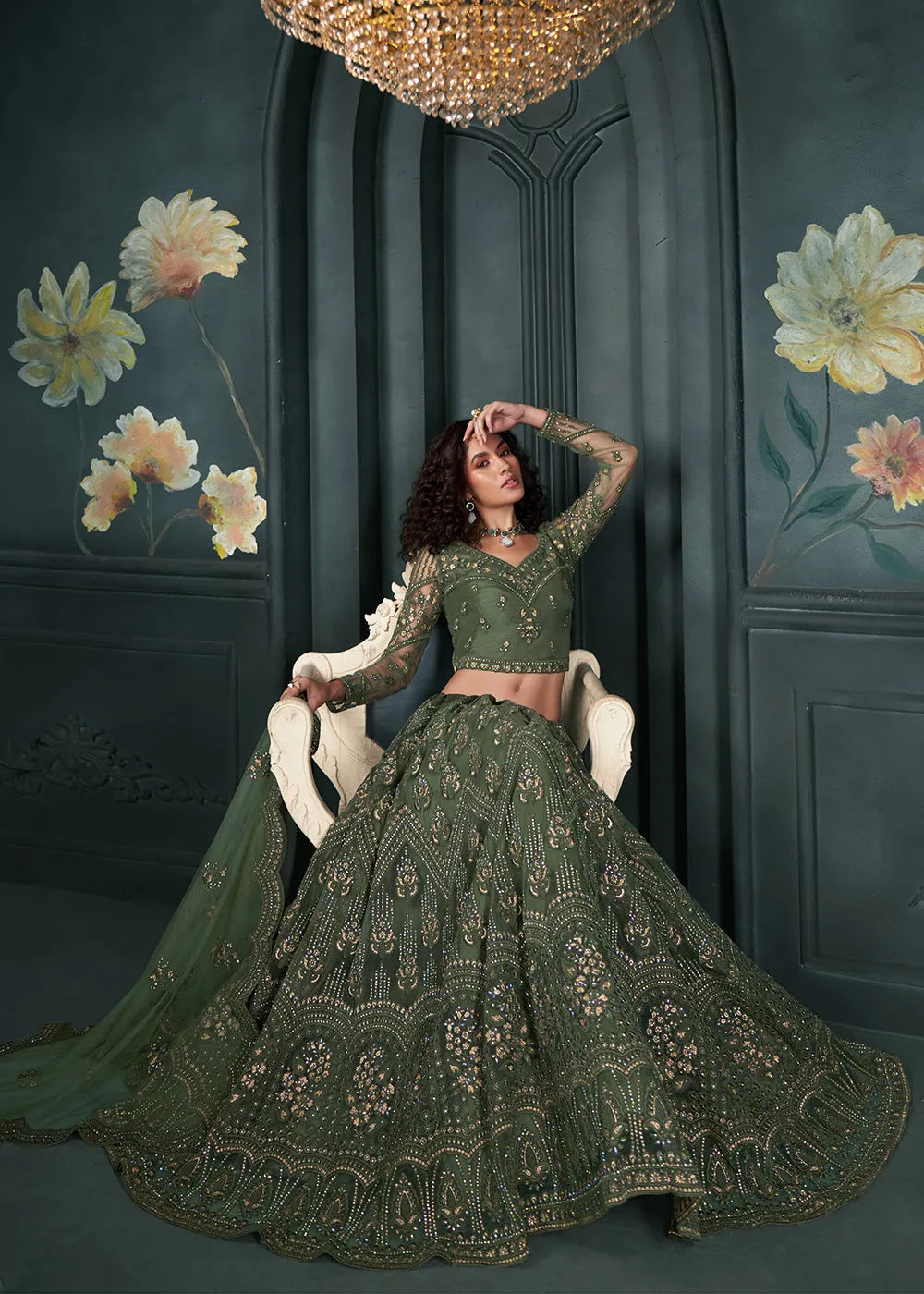 Designer Dark Olive  Beautifully Embroidered Bridal  Lehenga Choli For Cheap Online