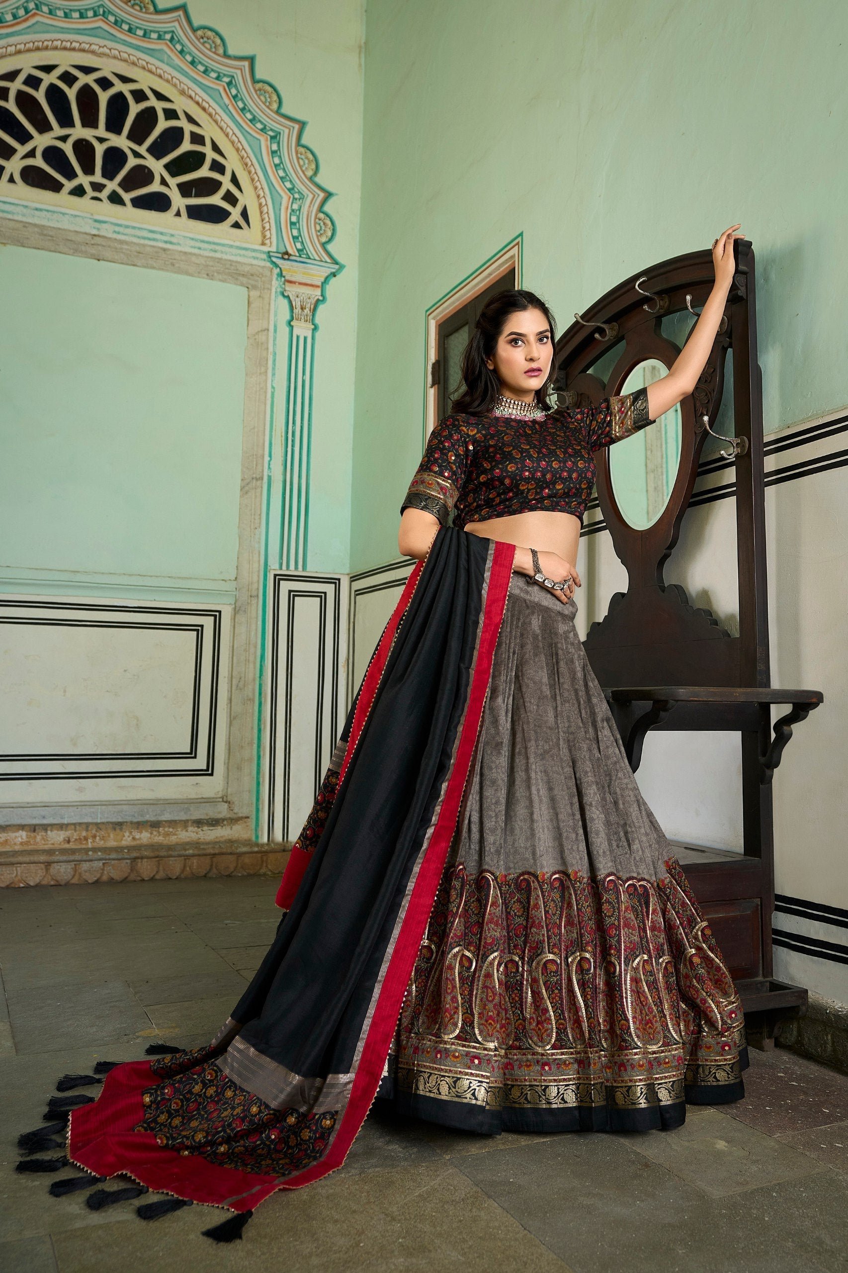 Amazing Tussar Silk Kashmiri Printed Foil Worked Lehenga Choli Sale Big Discount