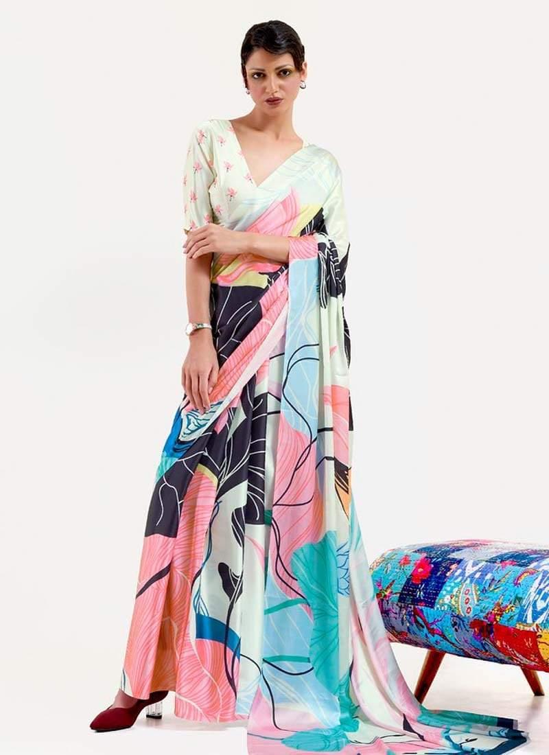 Multi Color Crepe Fabric V-neck Blouse Dashing Look Printed Plain Saree Eastbay Cheap Online