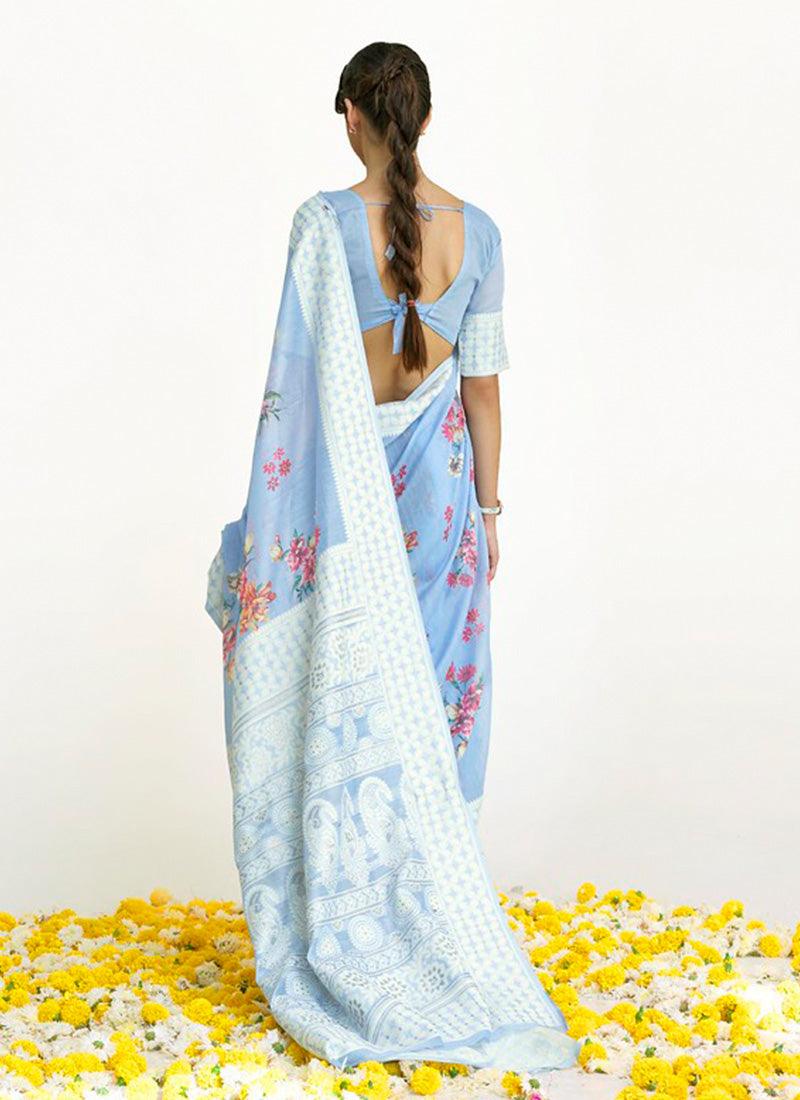 Mesmerizing Look Sky Blue Color Floral Print Saree With Silk Weave Cheap With Mastercard