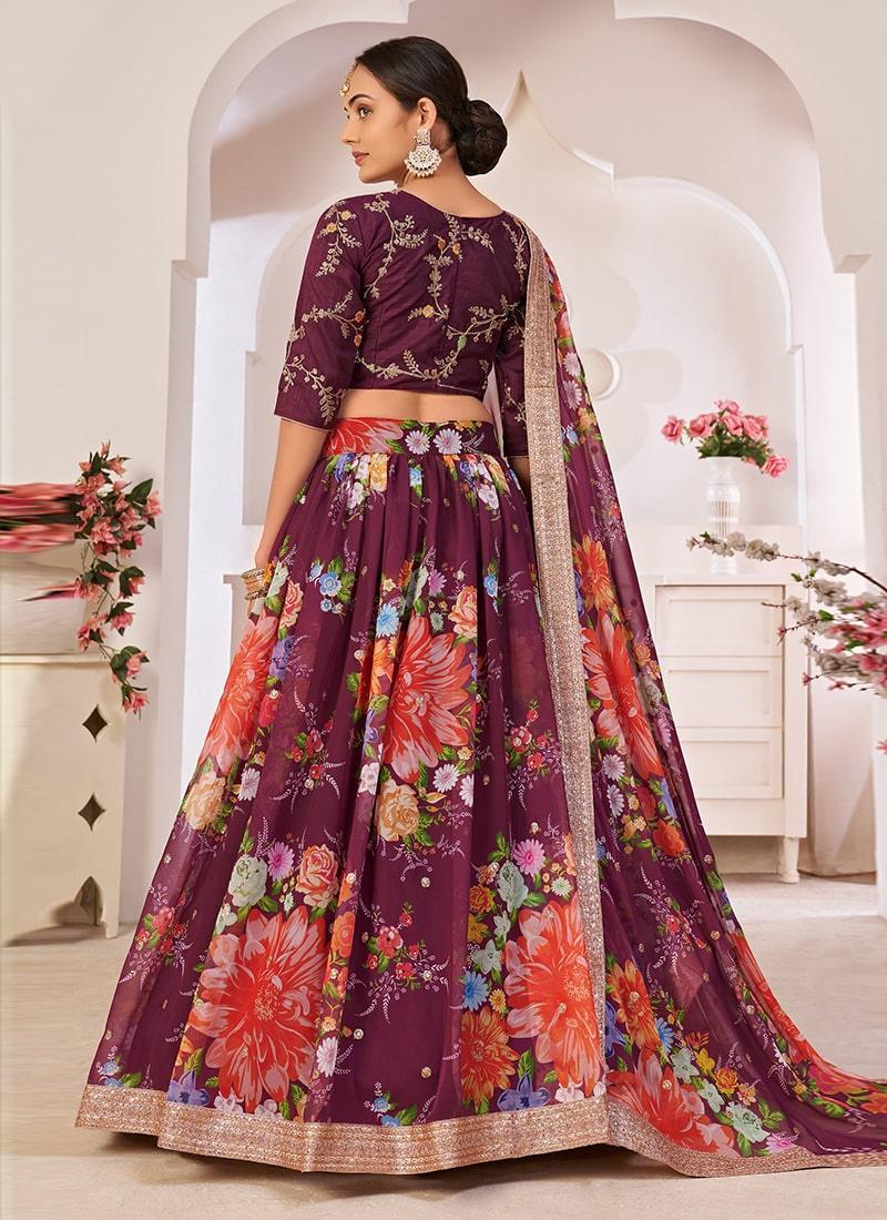 Wine Color Georgette Base Sequins Work Floral Print Lehenga Pictures For Sale