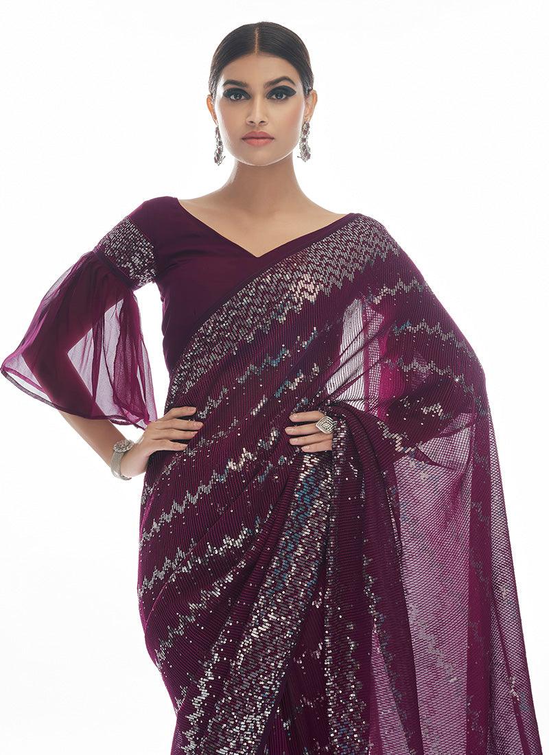 Wine Color Georgette Base Party Wear Saree Clearance Free Shipping