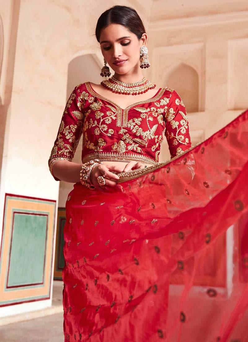 Weddingwear Stylish Red Colored Organza Base Saree Outlet Amazon