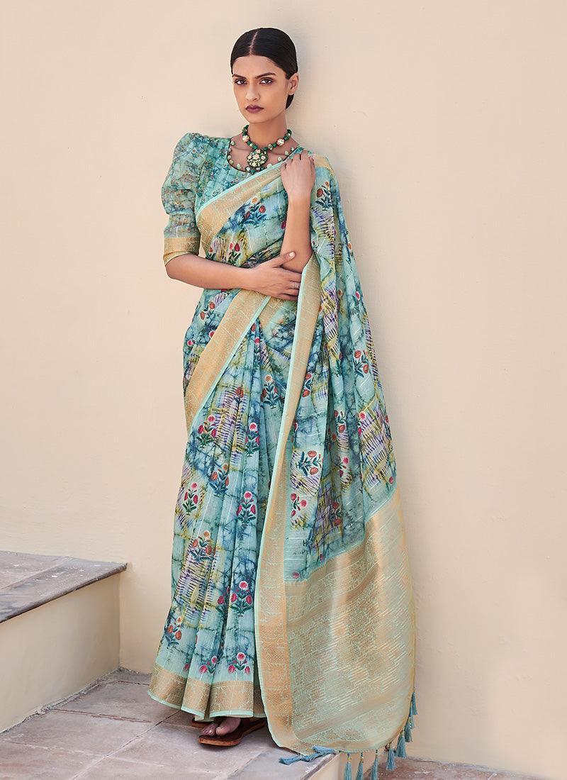 Sky Blue Color Charming Partywear Printed Saree Cheap Exclusive