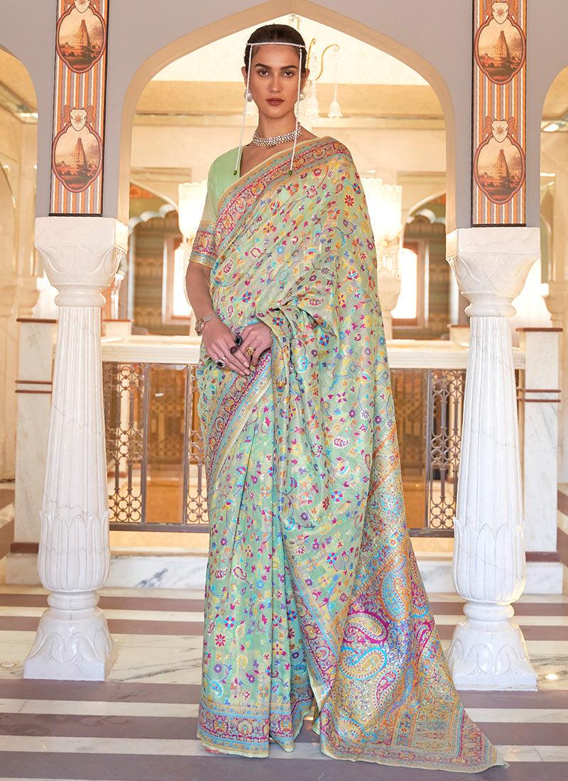 Pista Green Printed Occasional Floral Saree Discount Fashionable