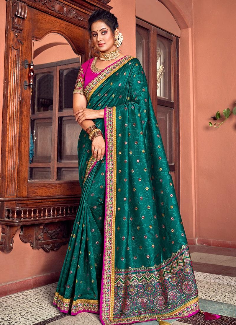 Fabulous Double Blouse Concept Embroidery Work Teal Green Color Saree Discount Reliable