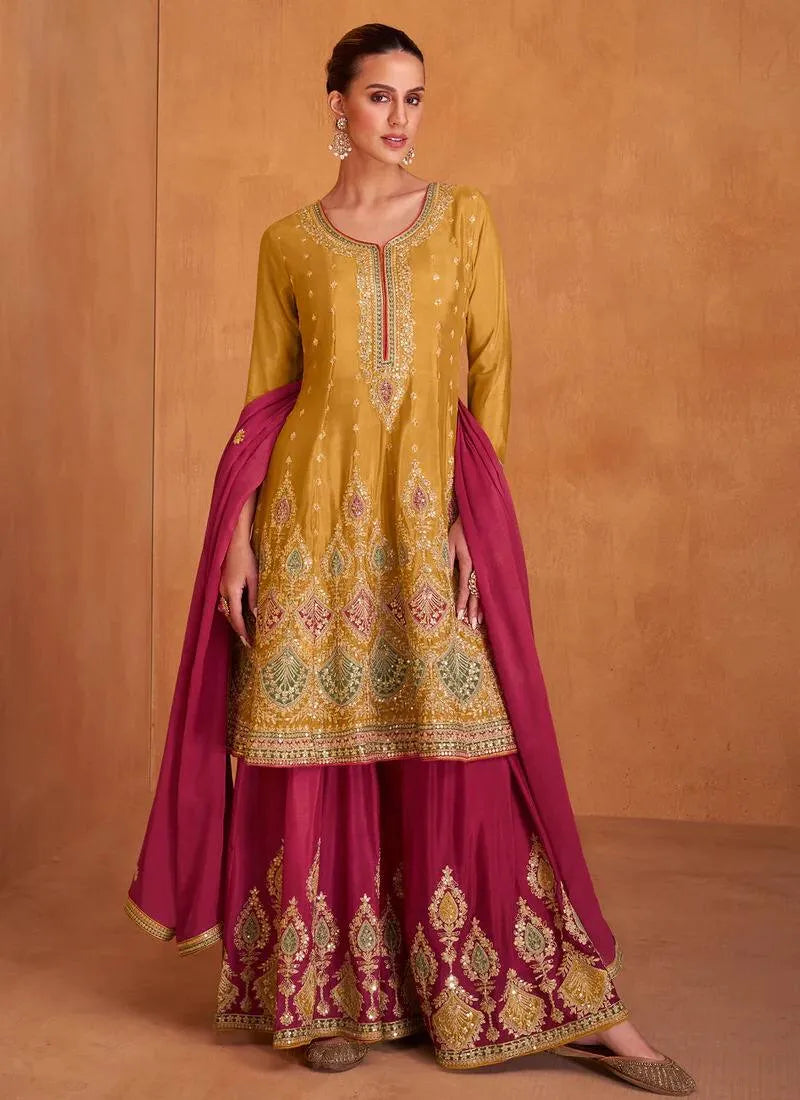 Majestic Mustard Embroidered Chinon Palazzo Suit Cheap Sale With Paypal