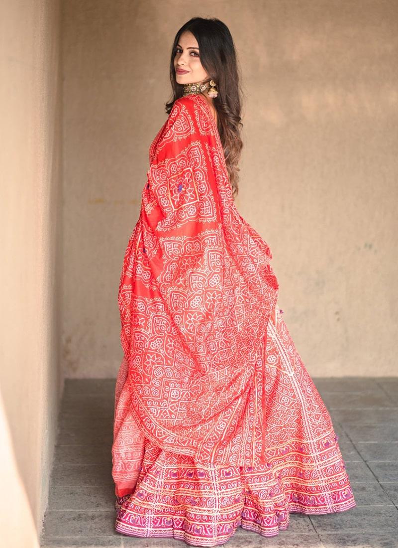 Silk Fabric Graceful Red And Yellow Printed Lehenga Cheap Pice Free Shipping