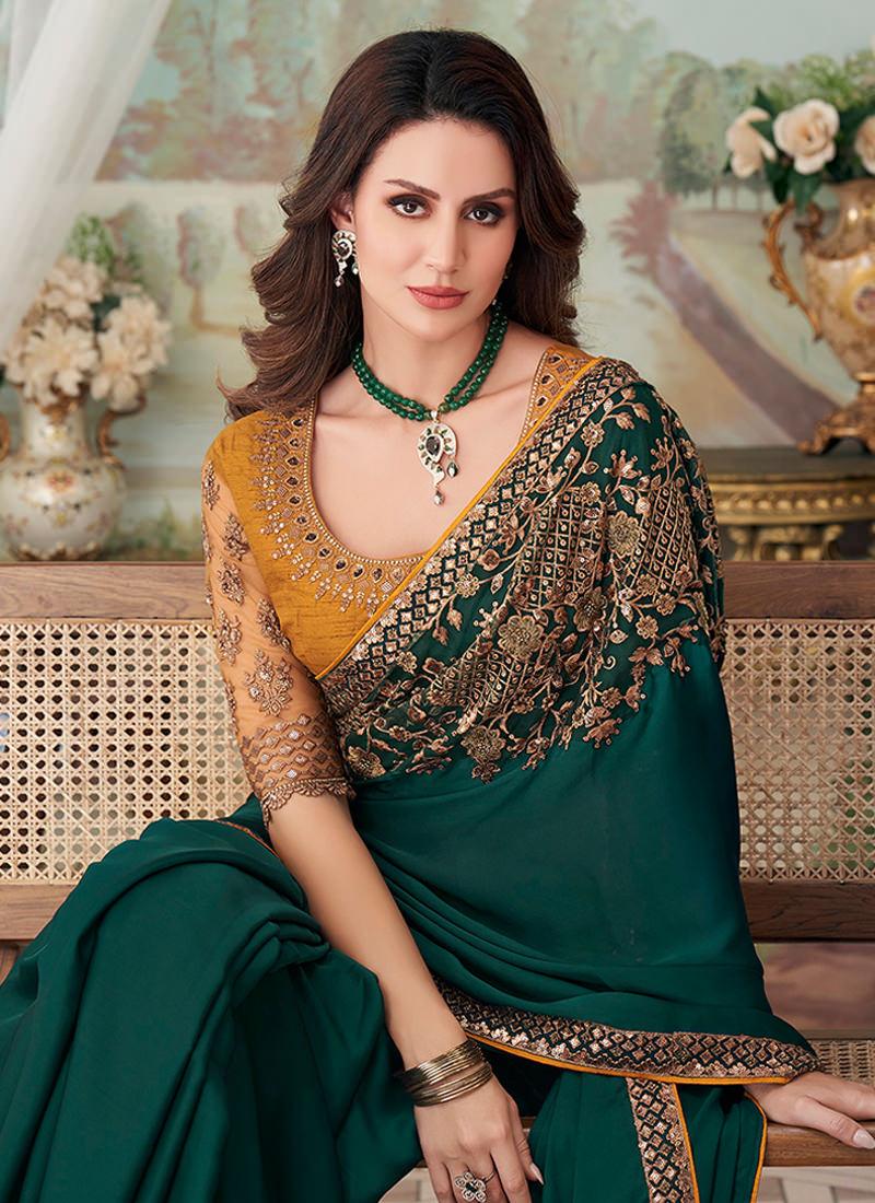 Dark Green Silk Fabric Embroidered Saree Cheap Best